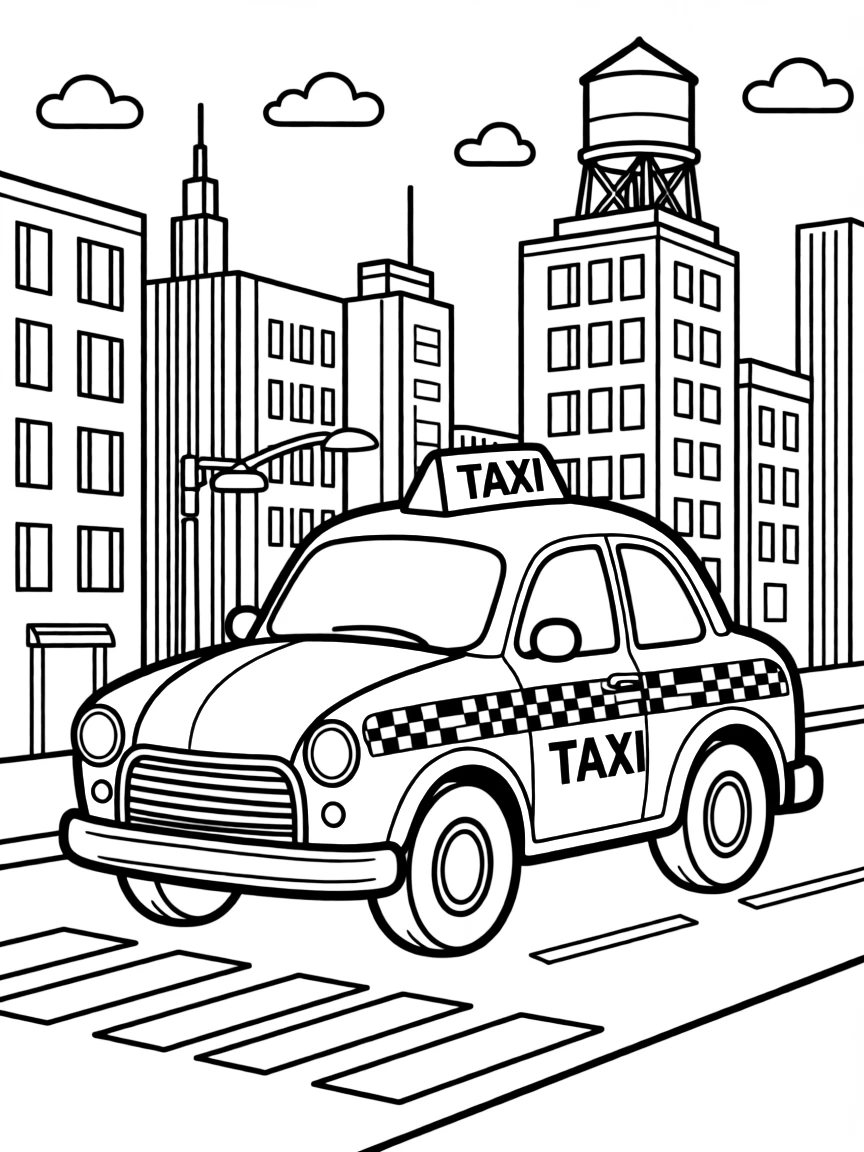 A cartoon-style drawing of a yellow taxi cab in New York City for coloring.