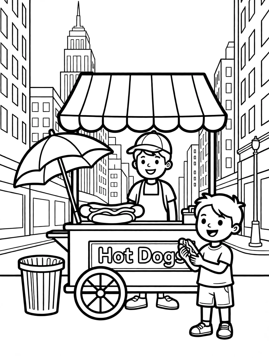 A cute drawing of a hot dog stand in New York City for coloring.