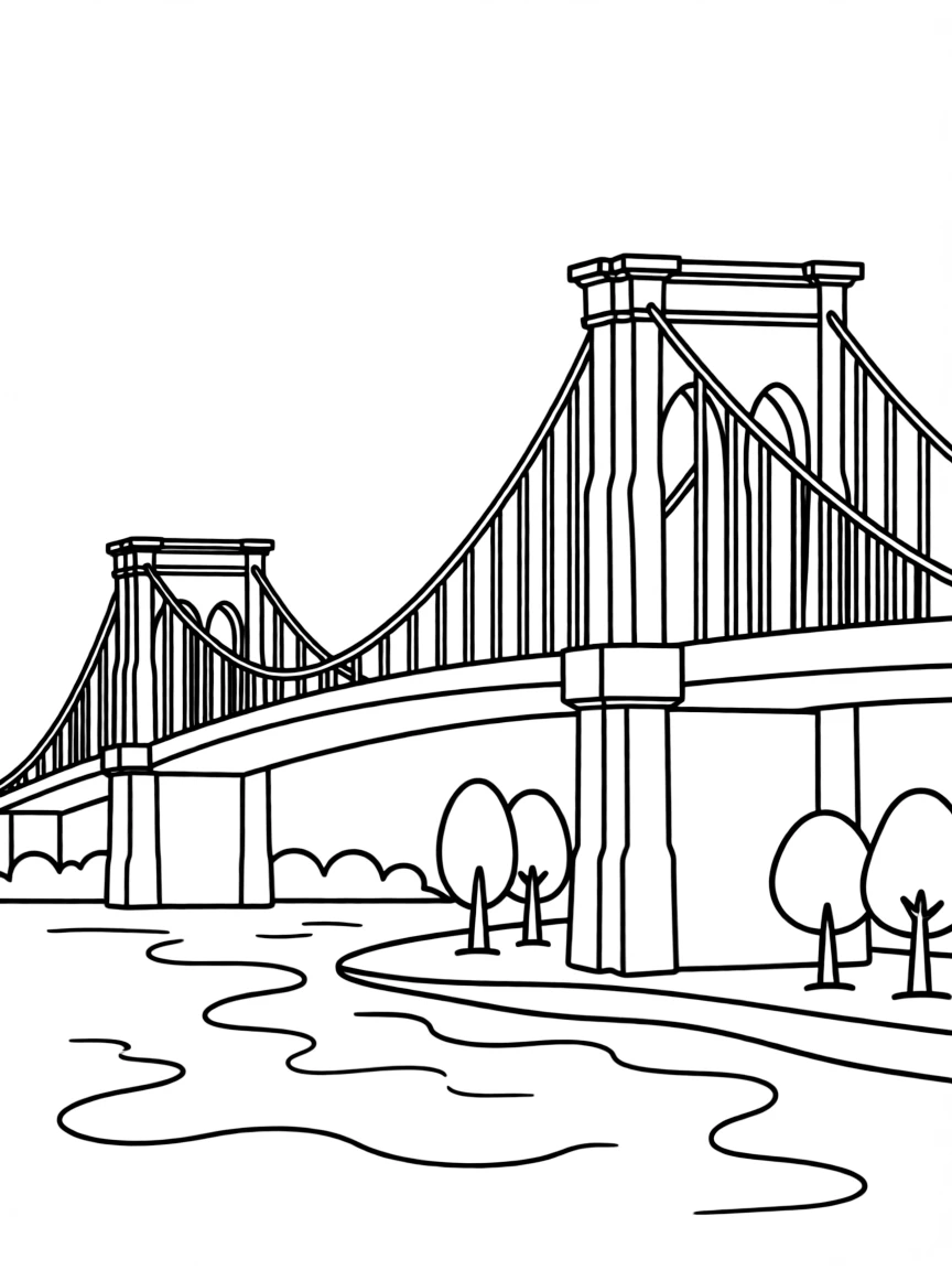 A drawing of a simplified Brooklyn Bridge for coloring.
