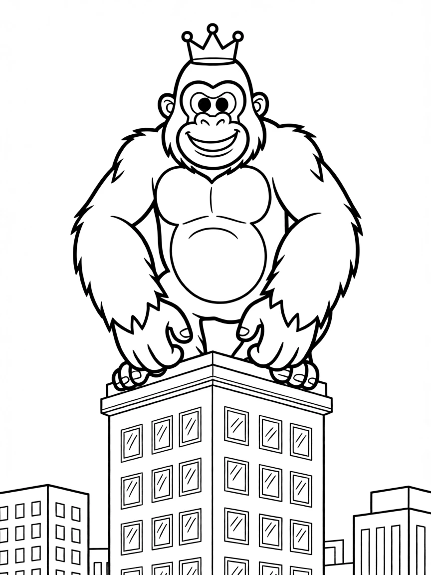A cartoon-style drawing of a friendly King Kong on a skyscraper for coloring.