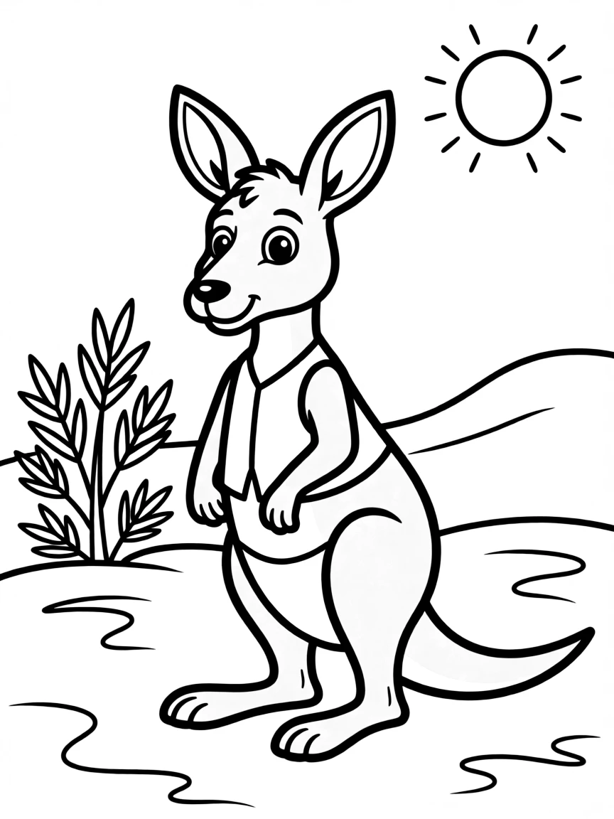 A cartoon-style drawing of a kangaroo in Australia for coloring.