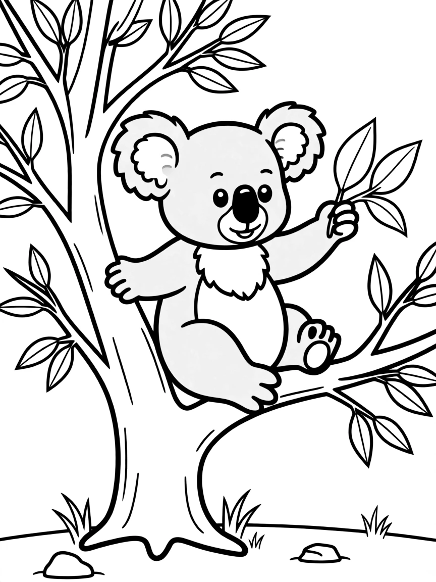 A cute drawing of a koala bear in Australia for coloring.