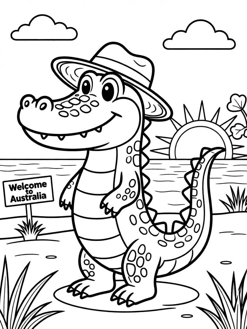 A cartoon-style drawing of a friendly crocodile in Australia for coloring.