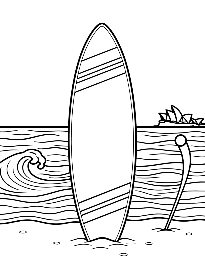 A simplified drawing of a surf board with waves in Australia for coloring.