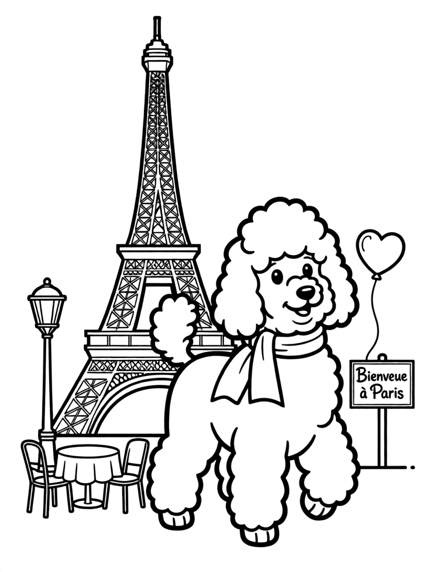 A cartoon-style drawing of a French poodle in Paris for coloring.