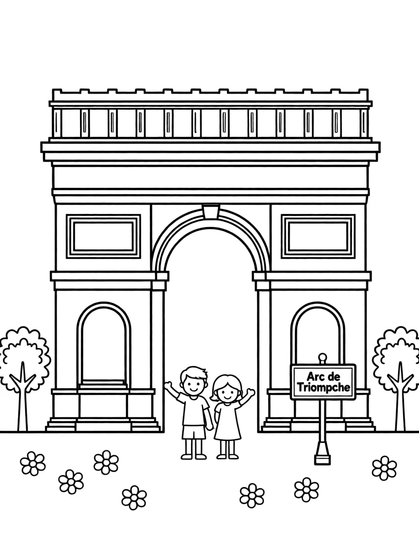 A simplified drawing of the Arc de Triomphe for coloring.