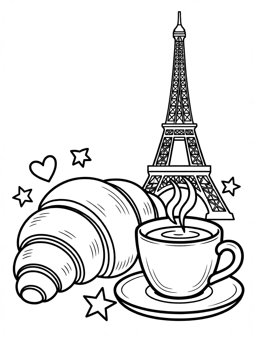 A cute drawing of a croissant and coffee in Paris for coloring.