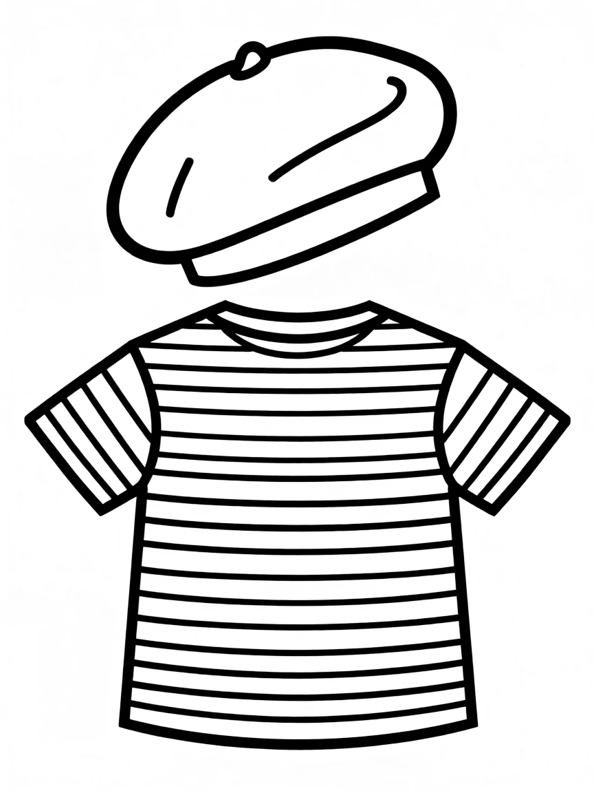 A simple outline of a beret and striped shirt in Paris for coloring.