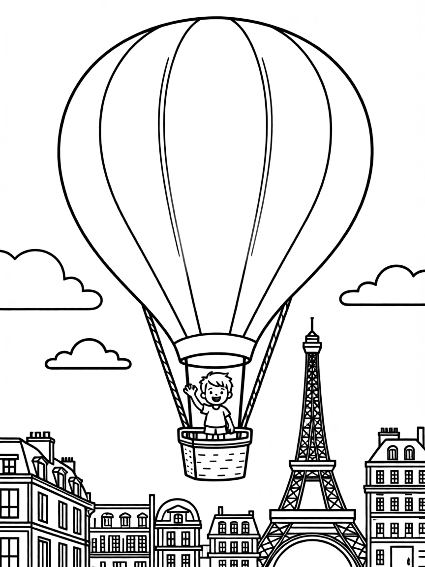 A cartoon-style drawing of a hot air balloon over Paris for coloring.