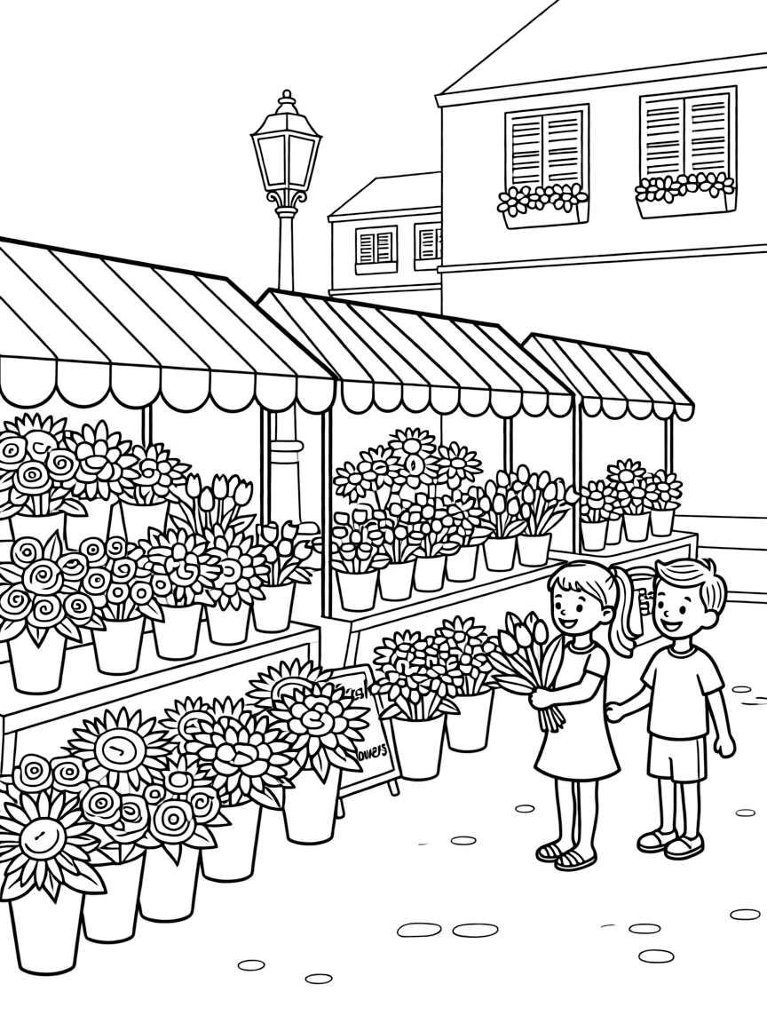A simplified drawing of a pretty flower market in Paris for coloring.
