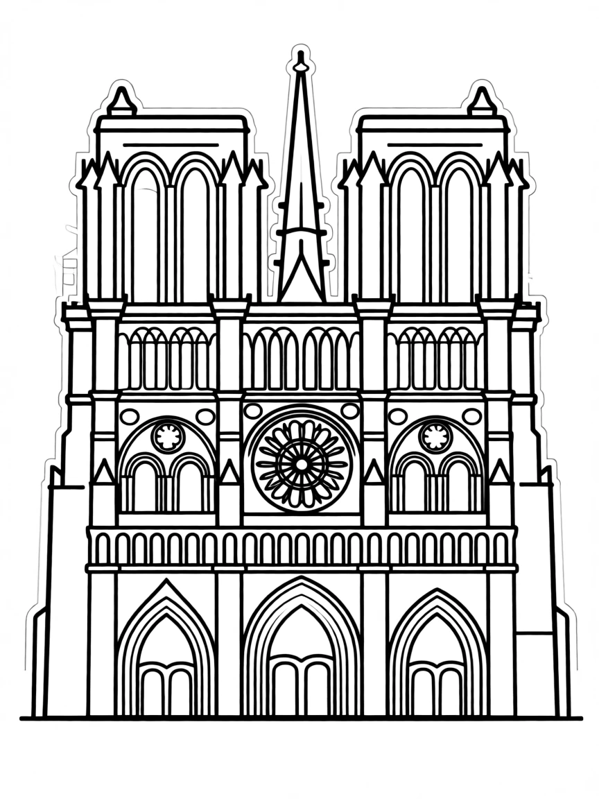 A simple outline of the Notre Dame Cathedral for coloring.