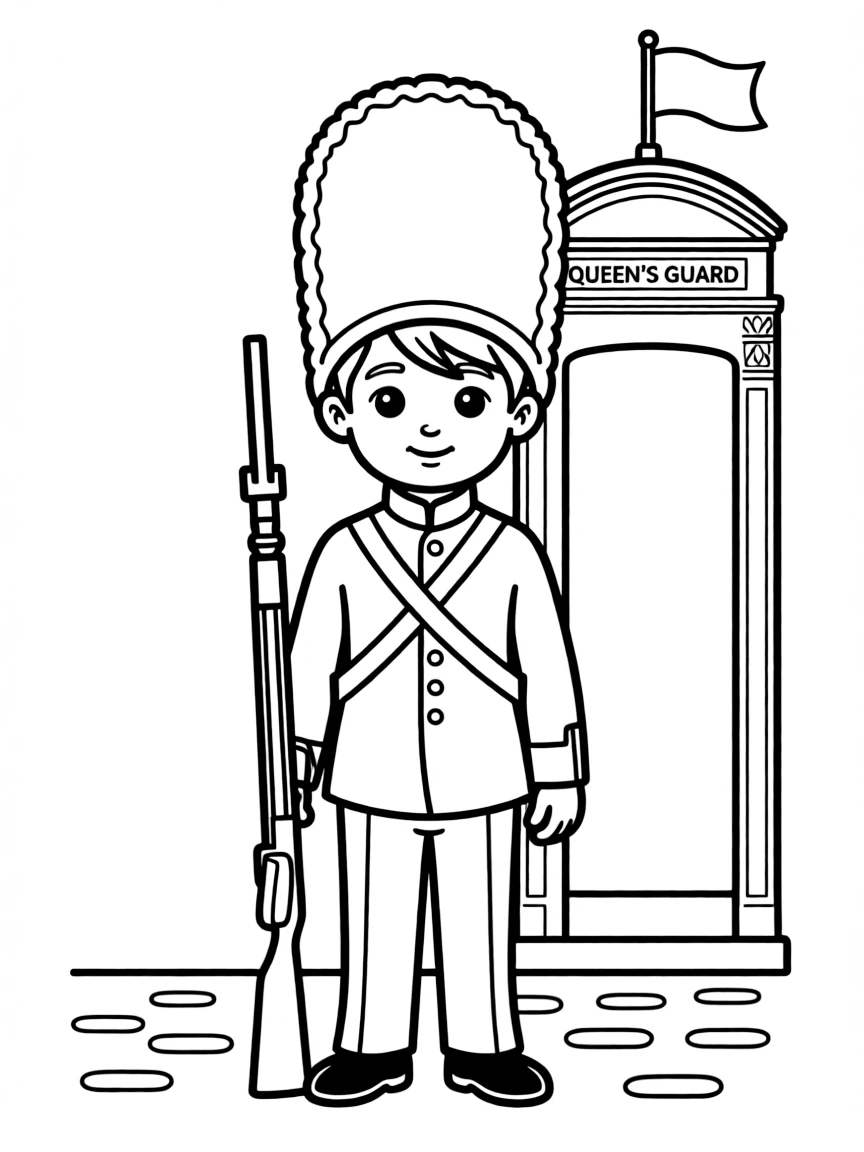 A cute drawing of a queen's guard in London for coloring.