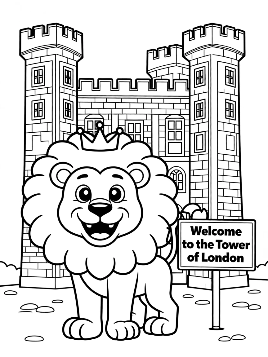 A cartoon-style drawing of a friendly lion at the Tower of London for coloring.