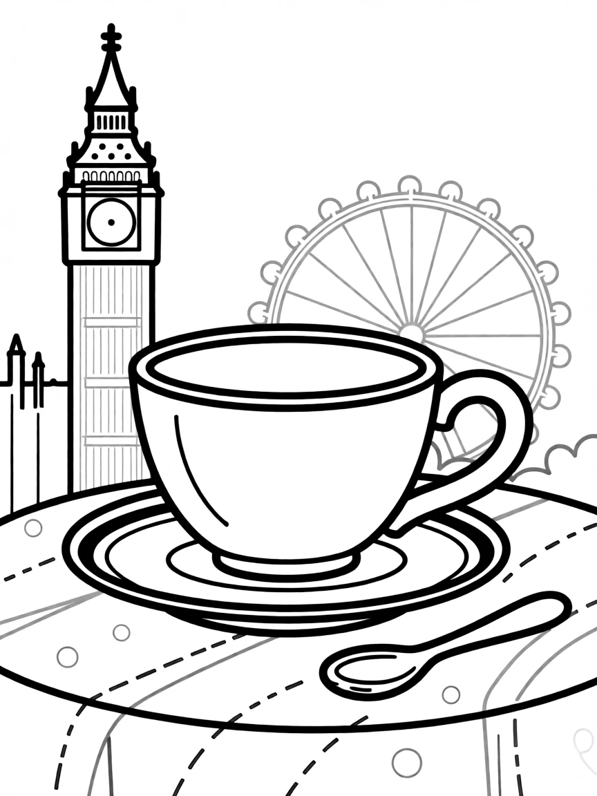 A simplified drawing of a tea cup and saucer in London for coloring.