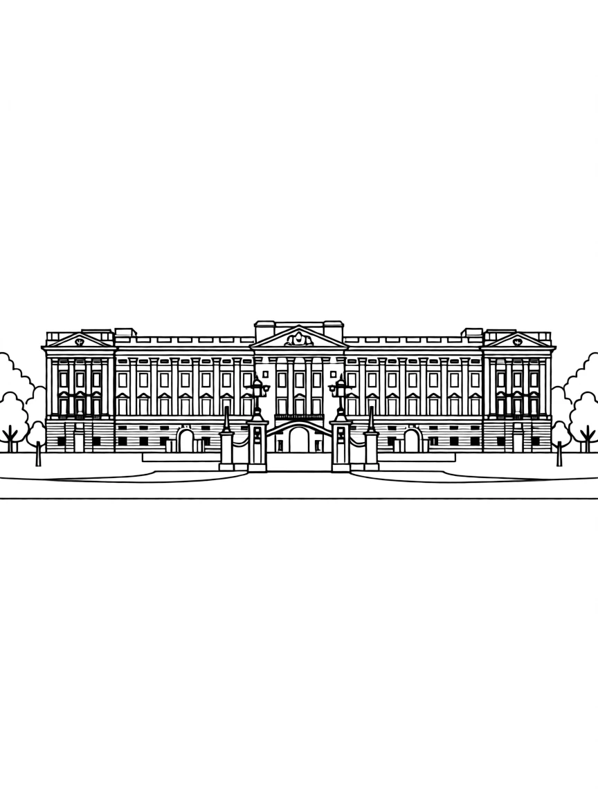 A simple outline of Buckingham Palace for coloring.