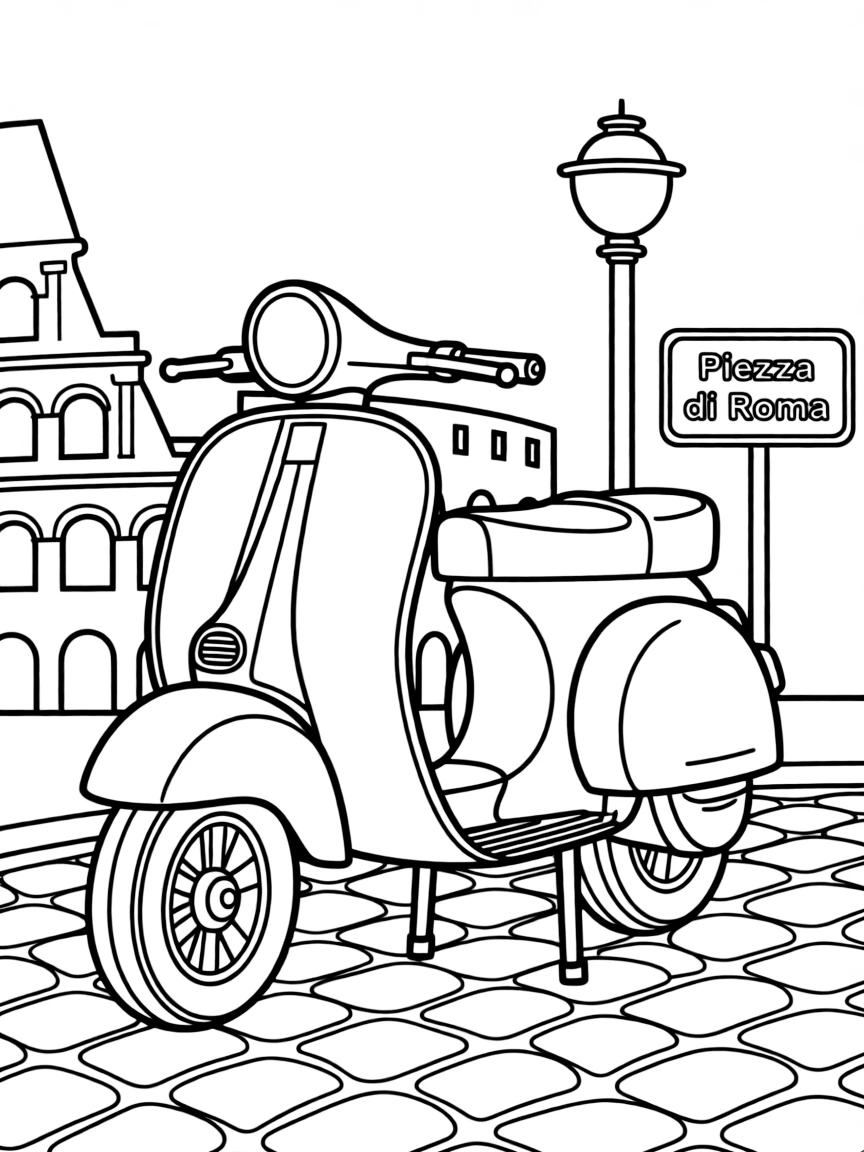 A cartoon-style drawing of a Vespa scooter in Rome for coloring.