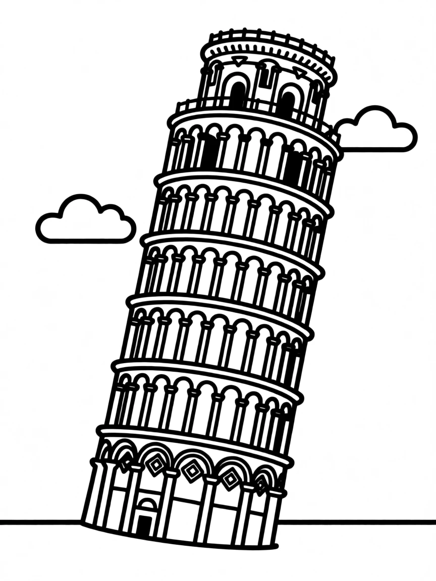 A simplified drawing of the Leaning Tower of Pisa for coloring.