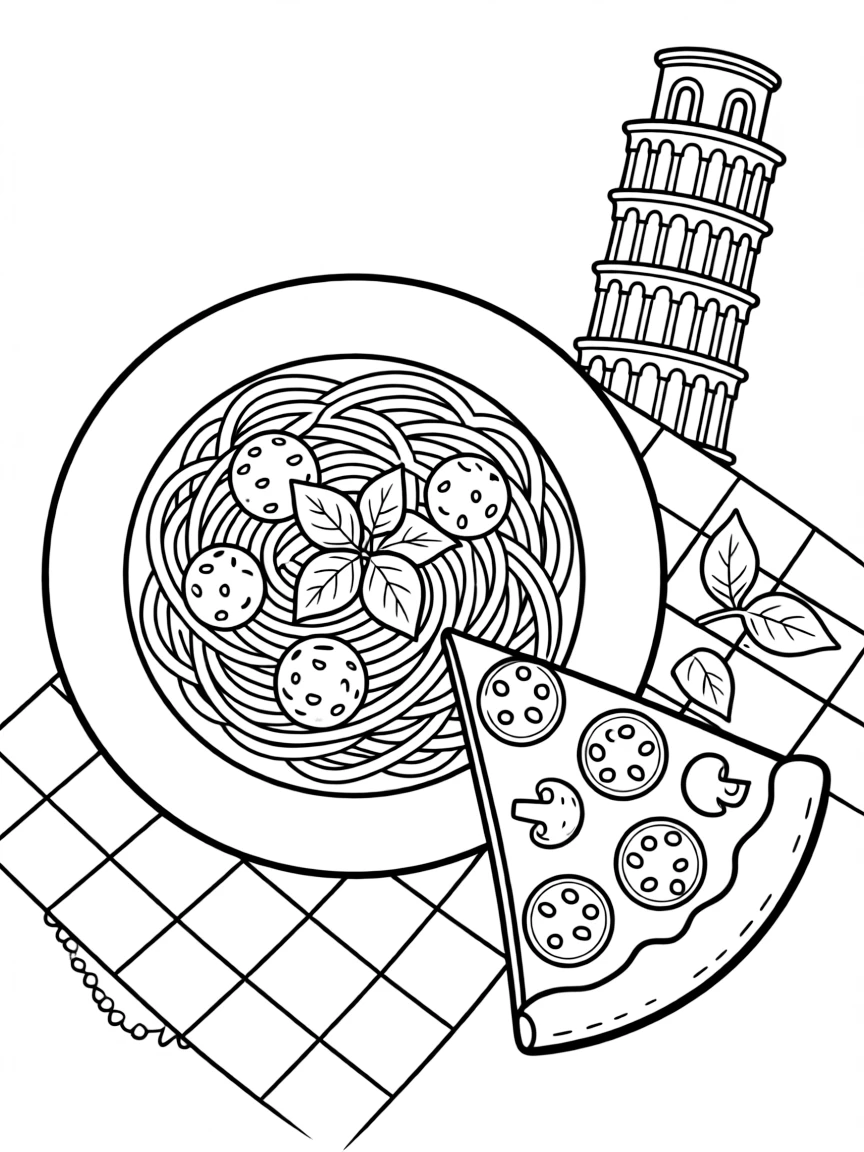 A cute drawing of a plate of pasta and pizza in Italy for coloring.