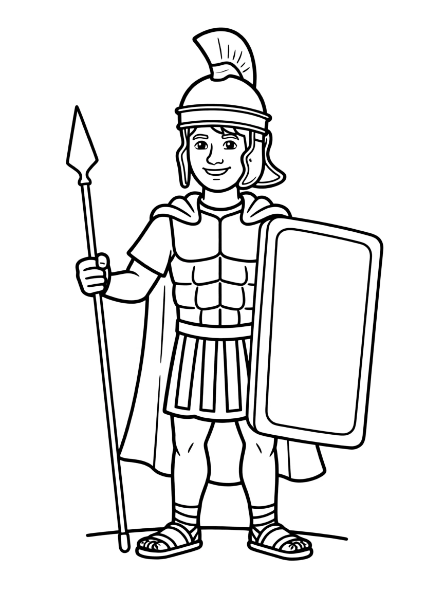A cartoon-style drawing of a friendly Roman centurion for coloring.