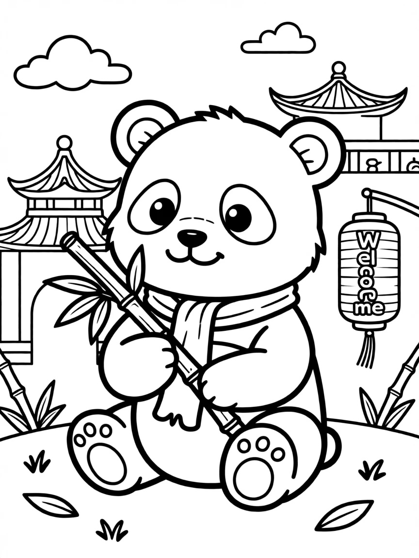 A cartoon-style drawing of a friendly panda bear in China for coloring.