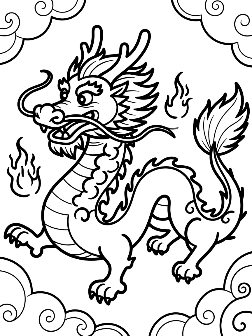 A simplified drawing of a Chinese dragon for coloring.