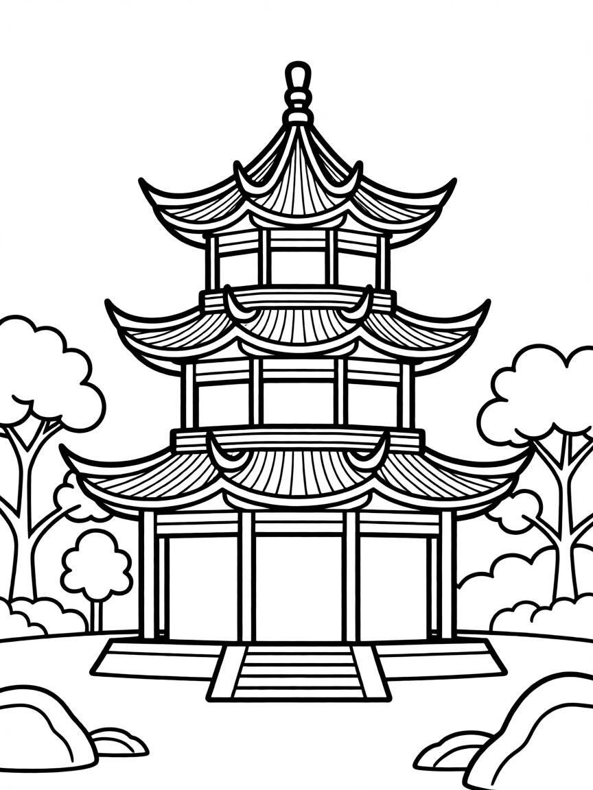 A simple outline of a Chinese pagoda for coloring.