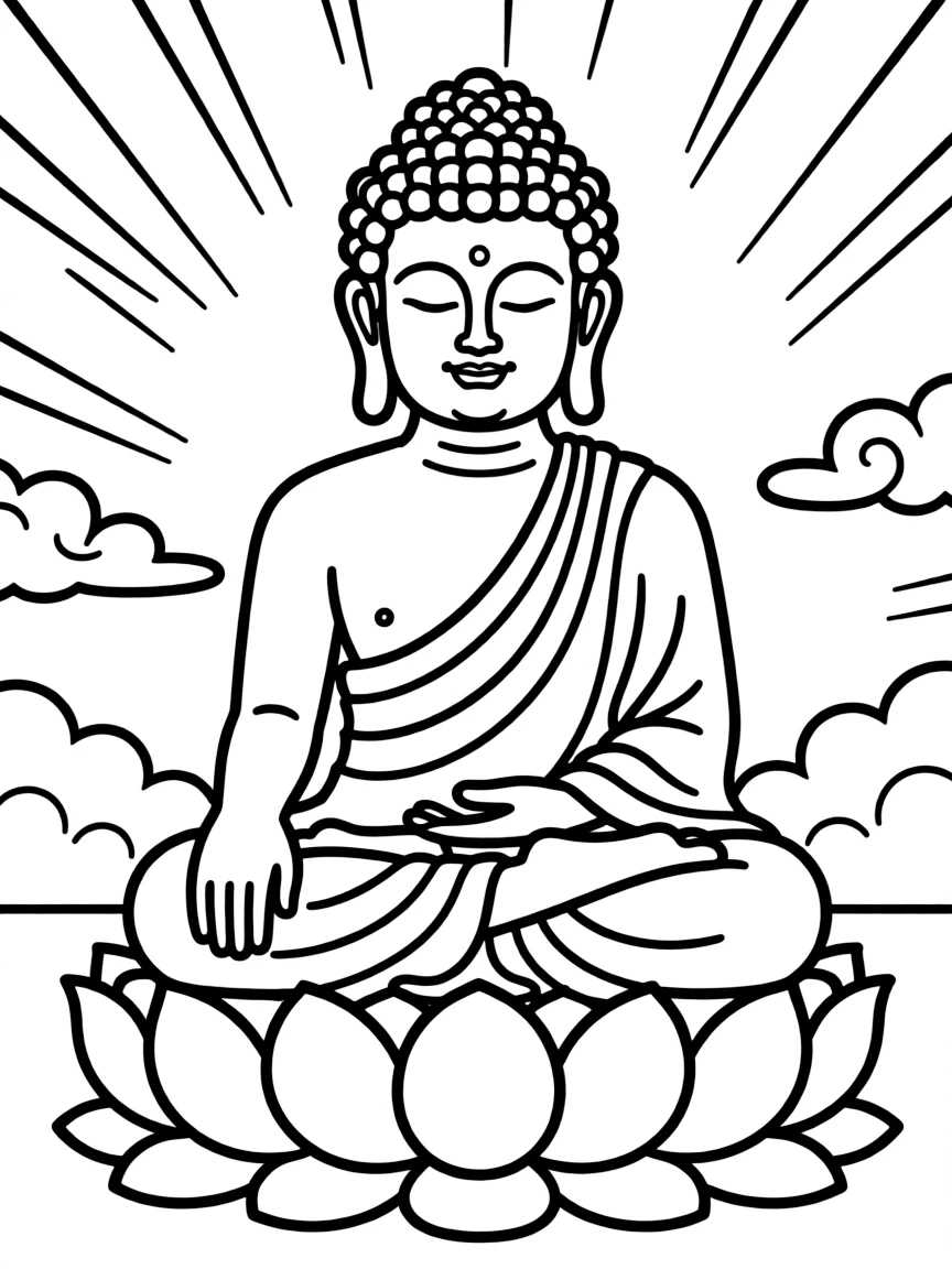 A cartoon-style drawing of a giant Buddha statue for coloring.