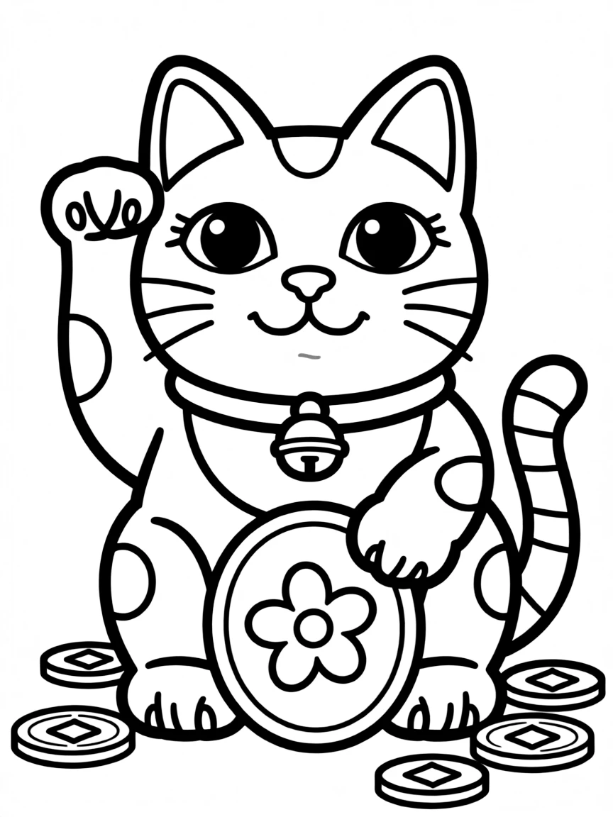 A cute drawing of a lucky cat waving for coloring.