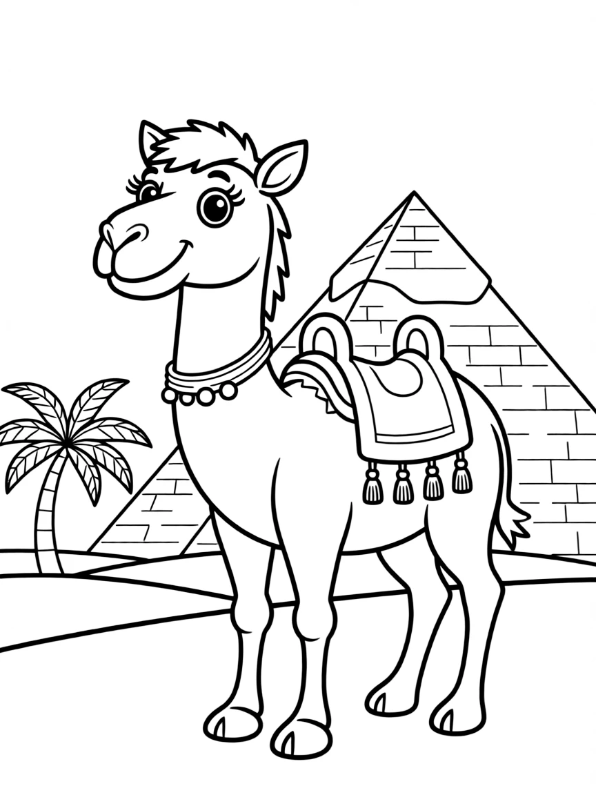 A cartoon-style drawing of a friendly camel in Egypt for coloring.
