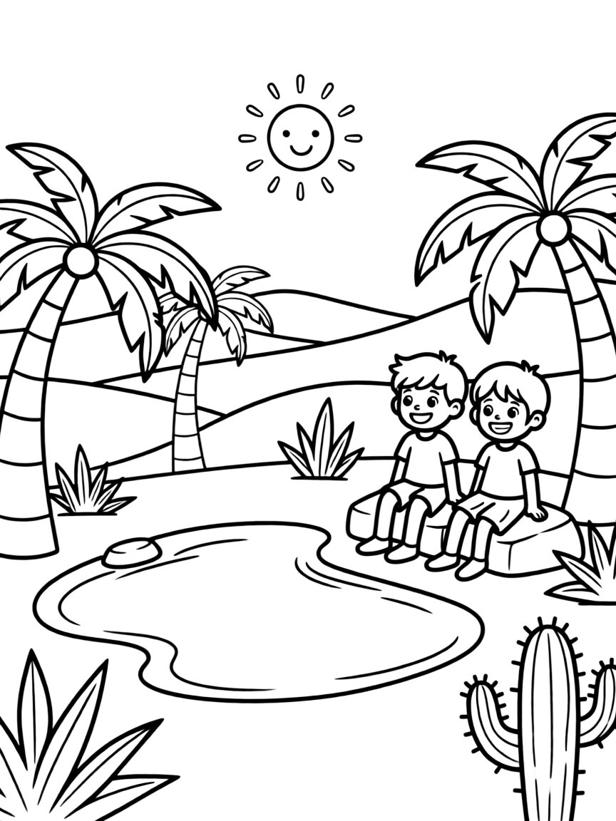 A drawing of a simplified desert oasis for coloring.