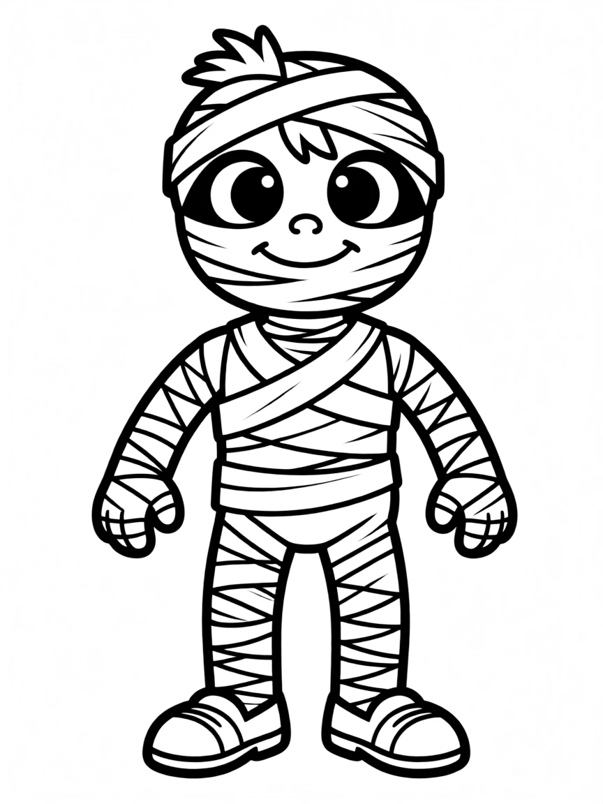 A cartoon-style drawing of a friendly mummy for coloring.