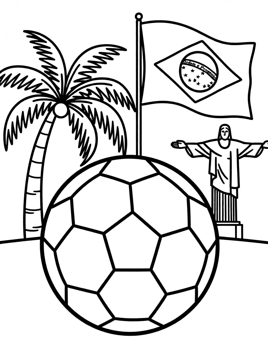A cartoon-style drawing of a soccer ball in Brazil for coloring.