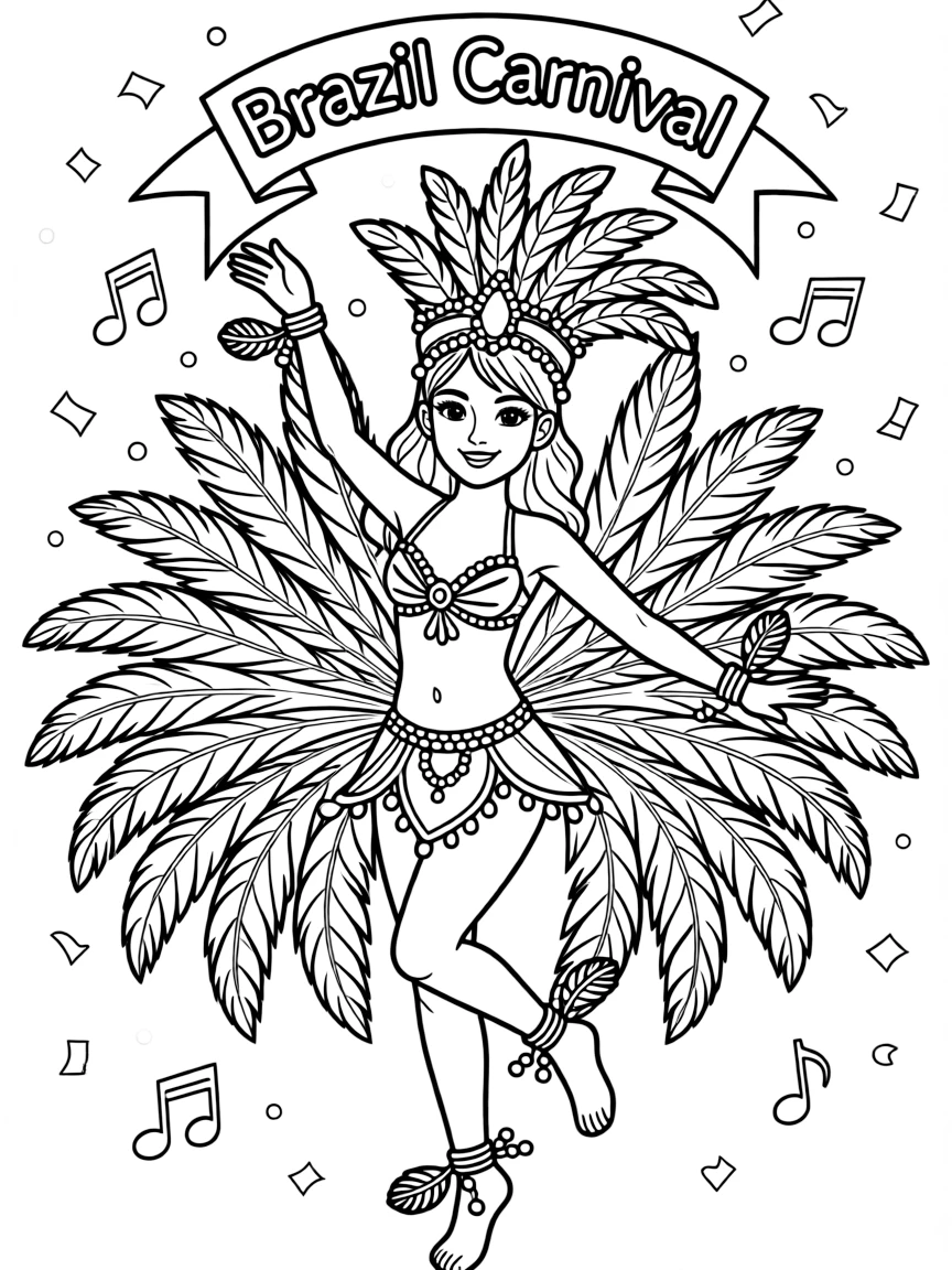 A cute drawing of a Carnival dancer in Brazil for coloring.