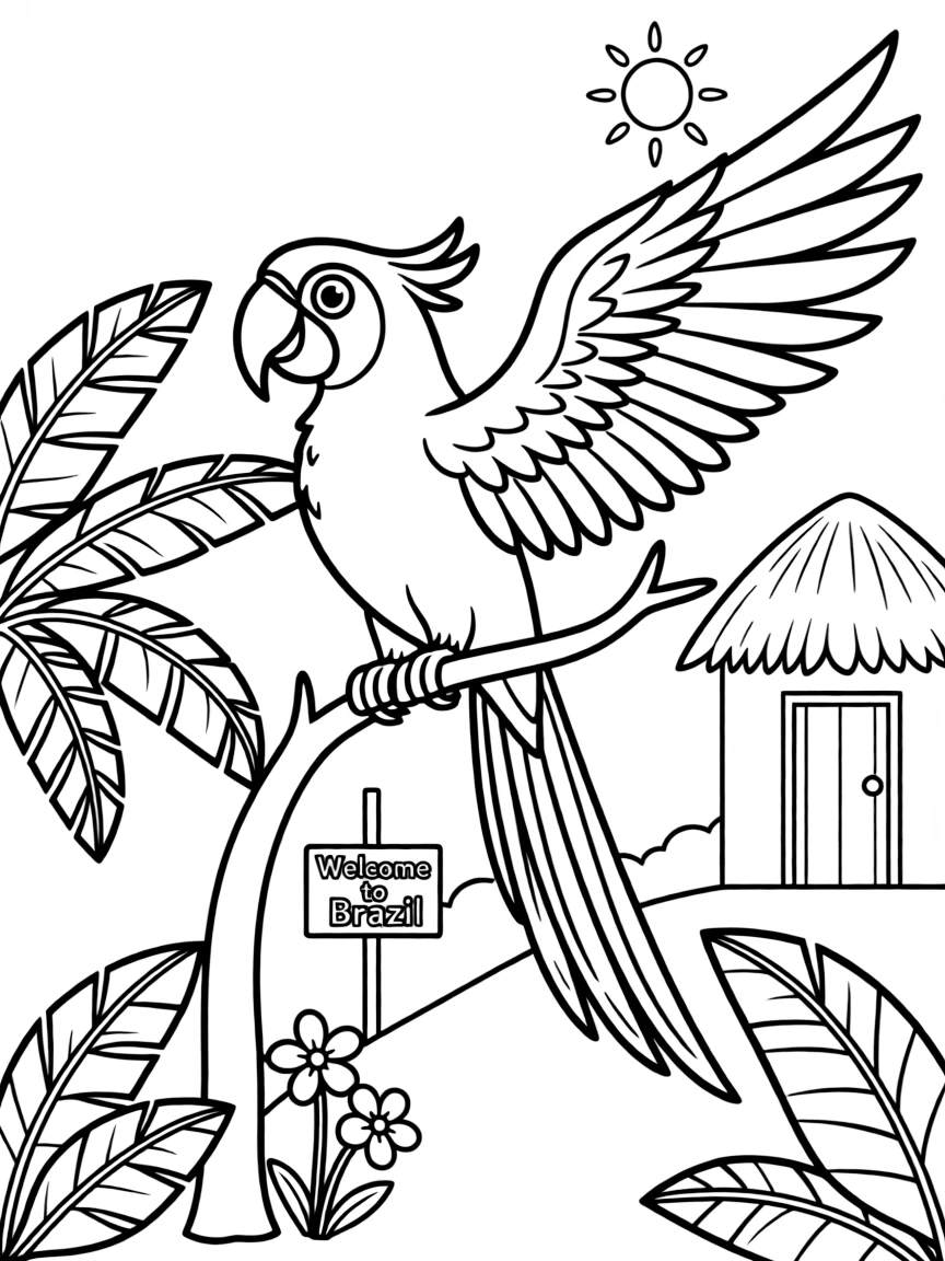 A cartoon-style drawing of a colorful parrot in Brazil for coloring.