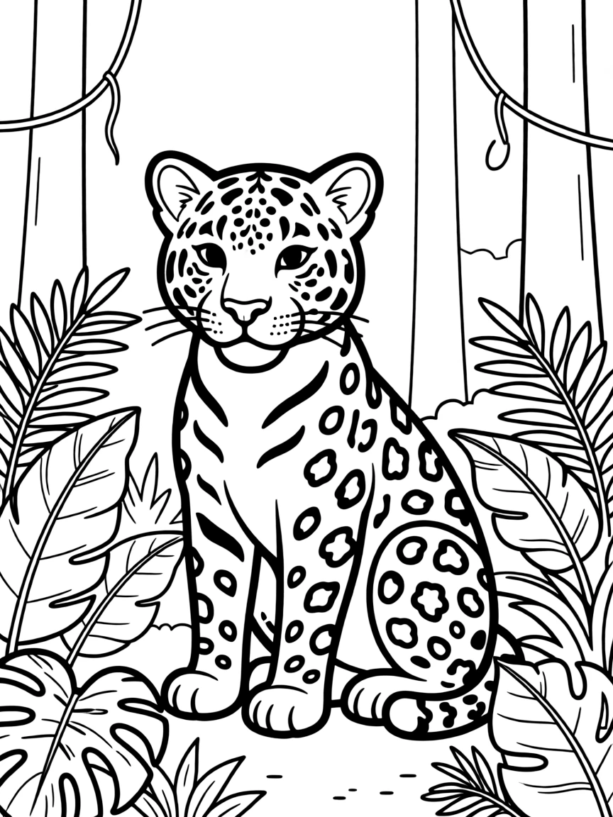 A simple outline of a friendly jaguar in the rainforest for coloring.