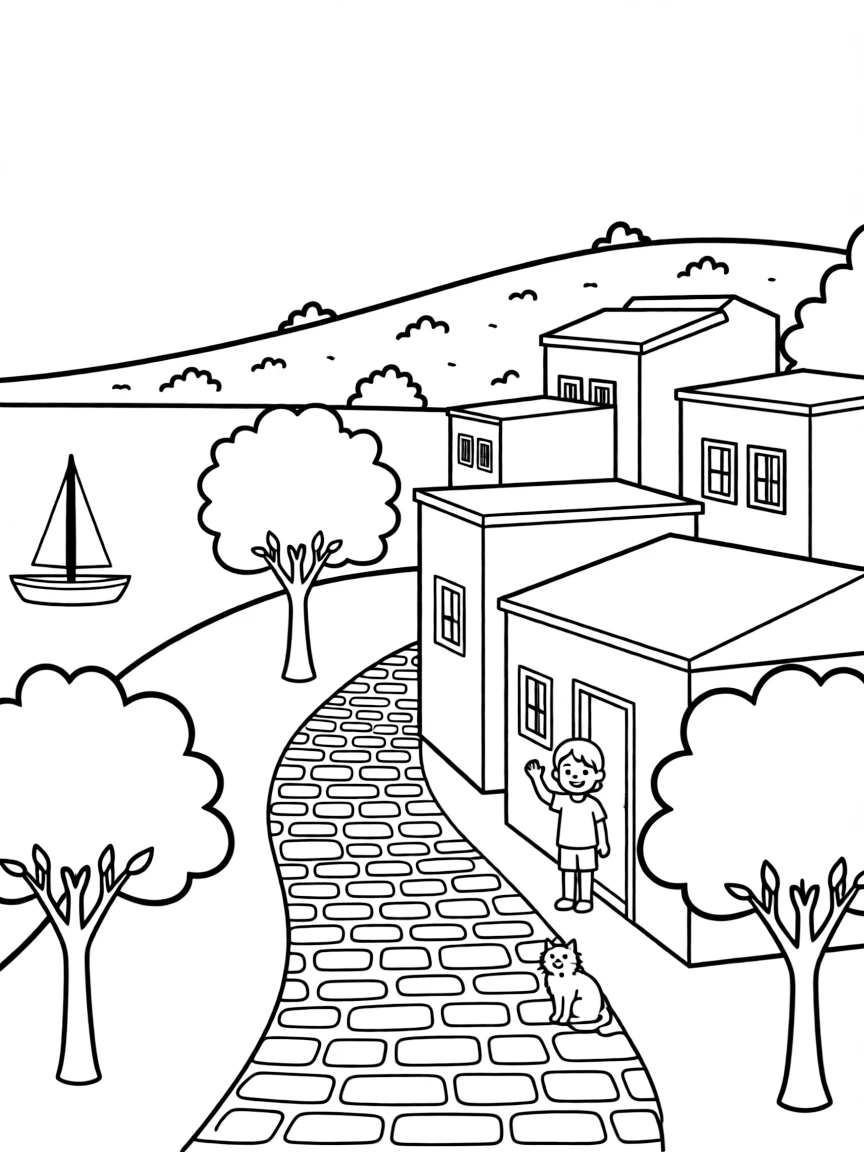 A drawing of a simplified Greek island village for coloring.
