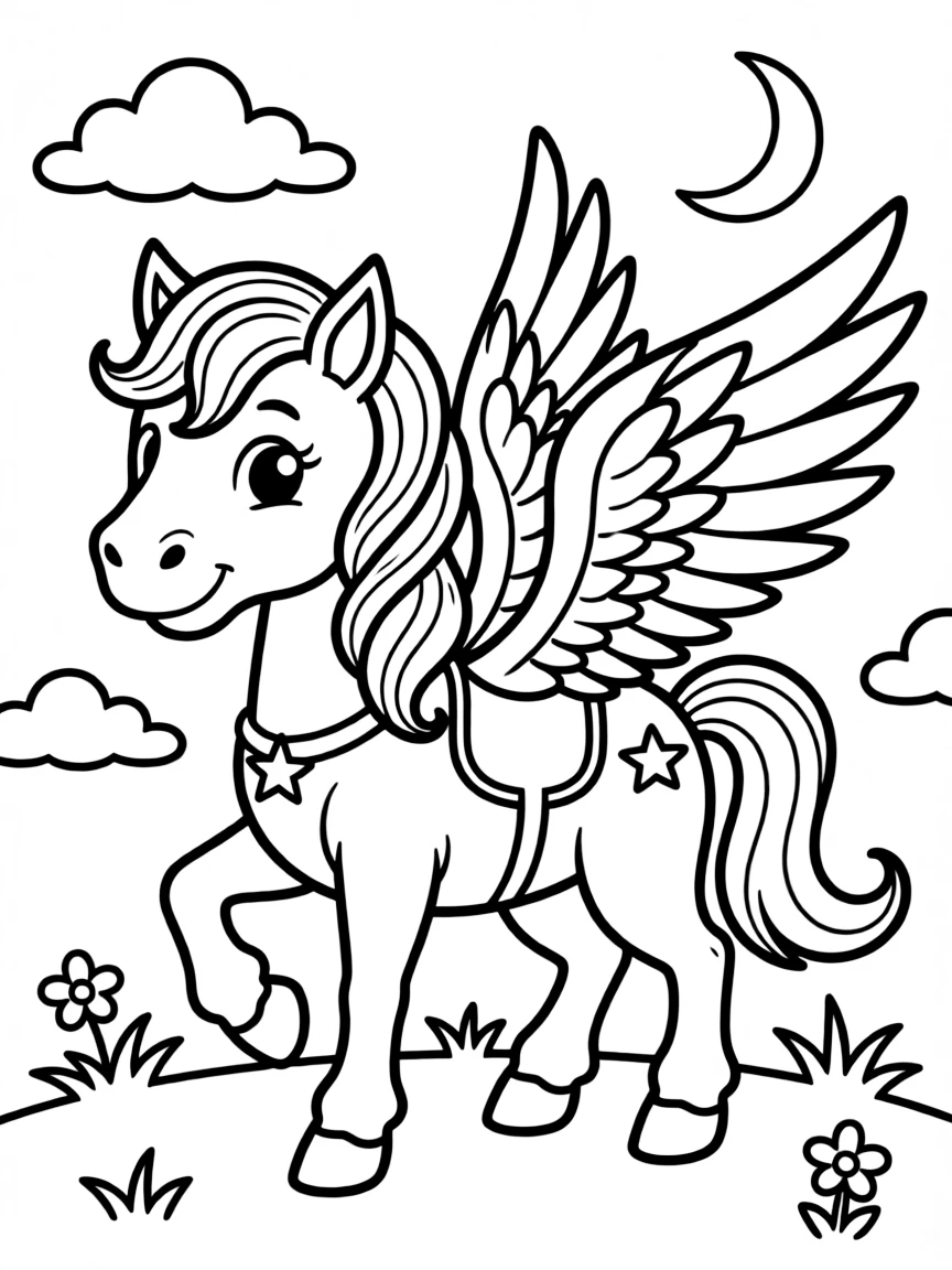 A cartoon-style drawing of a friendly mythical creature (like a pegasus) for coloring.