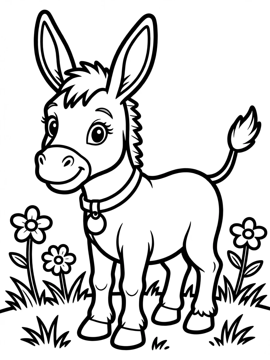 A cute drawing of a tiny donkey for coloring.