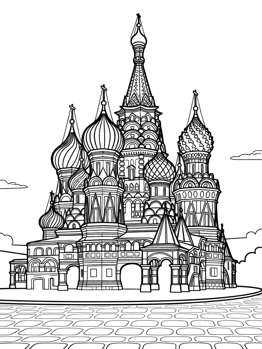 A simple outline of the Red Square and St. Basil's Cathedral in Moscow.