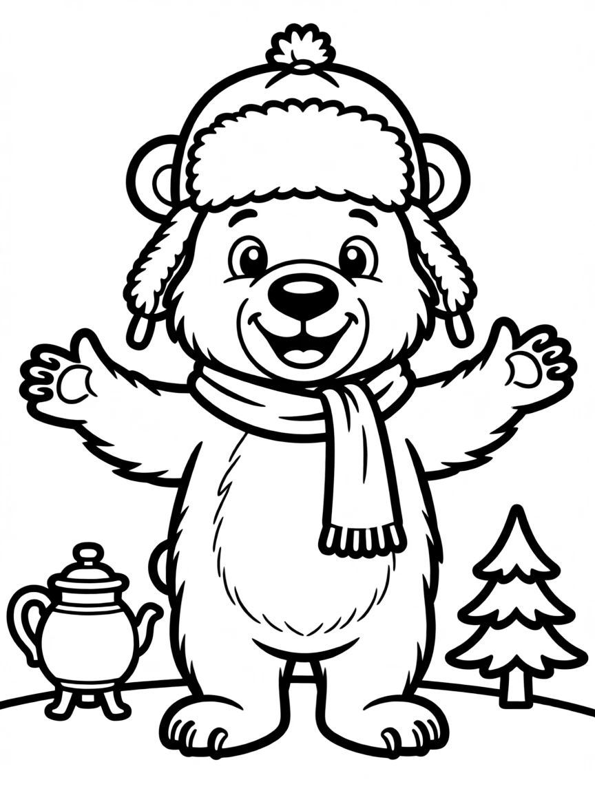 A cartoon-style drawing of a friendly Russian bear for coloring.