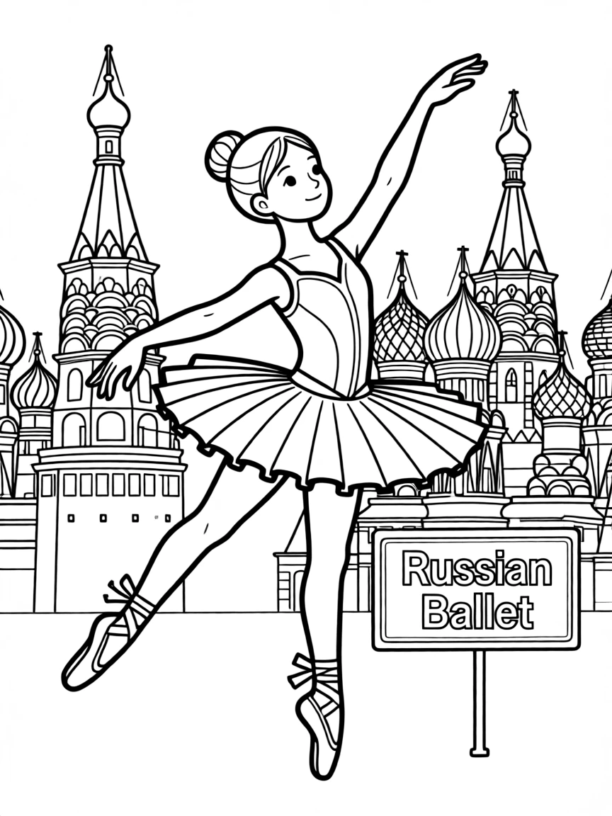 A cartoon-style drawing of a ballet dancer in Russia for coloring.