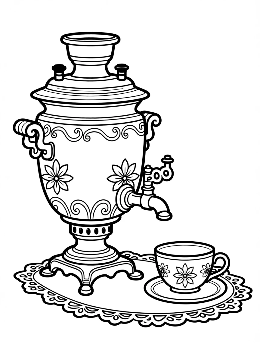 A cute drawing of a Russian teacup (samovar) for coloring.