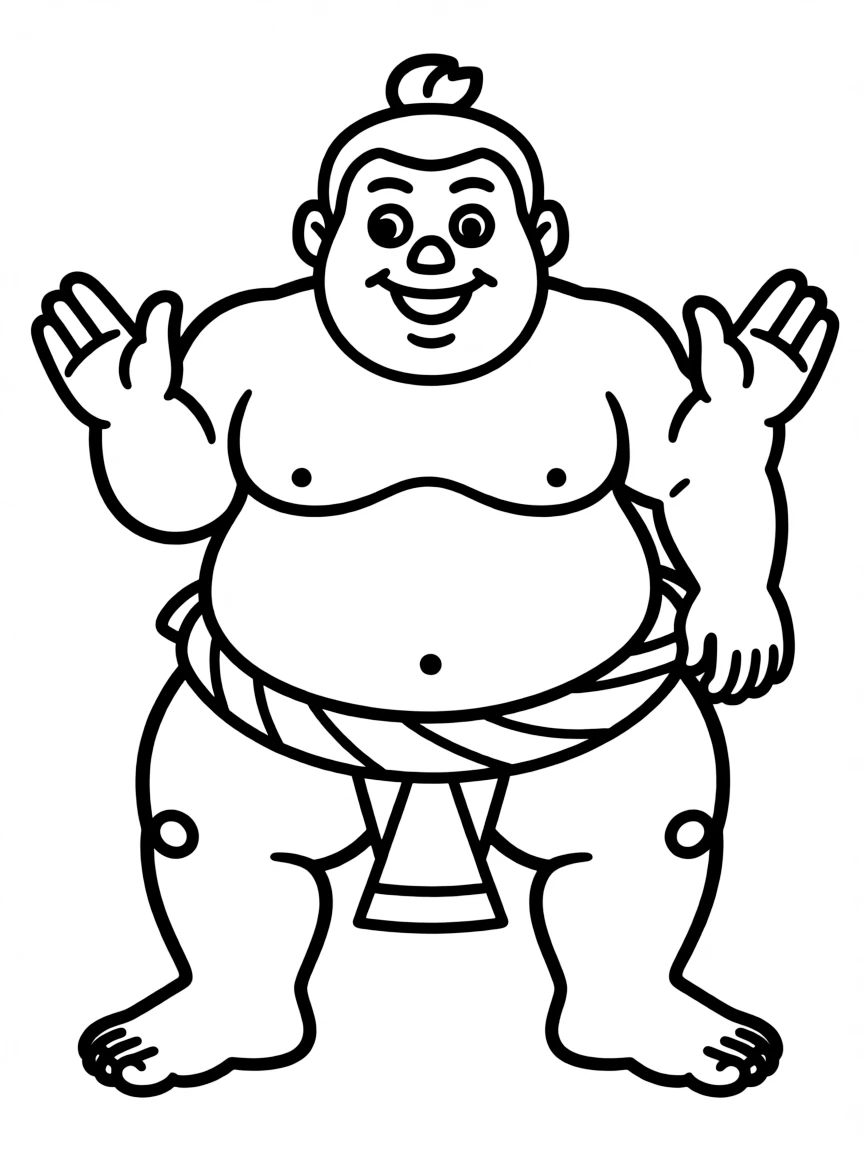 A cartoon-style drawing of a friendly sumo wrestler for coloring.