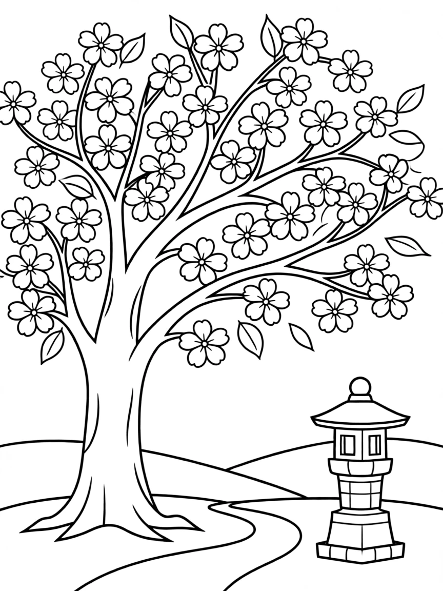 A simplified drawing of a cherry blossom tree in Japan for coloring.