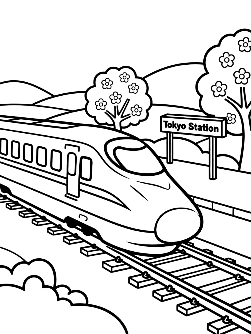 A drawing of a simplified bullet train in Japan for coloring.