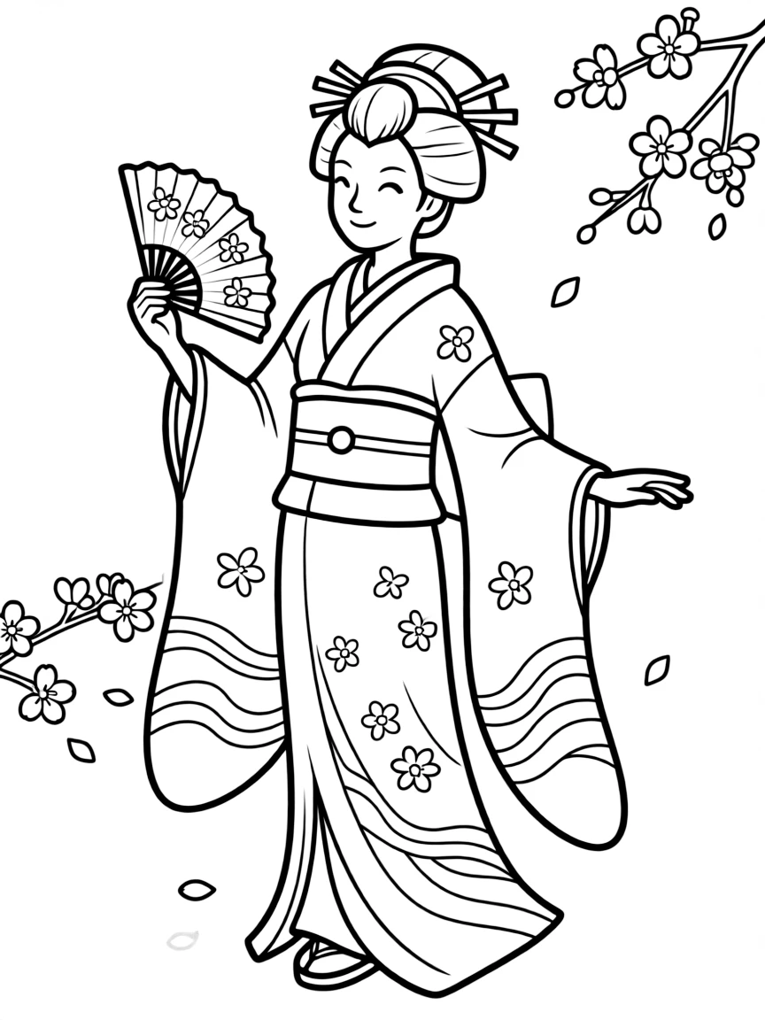 A cartoon-style drawing of a friendly geisha in a kimono for coloring.