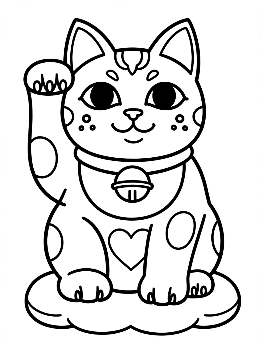 A cute drawing of a waving cat (Maneki-neko) for coloring.