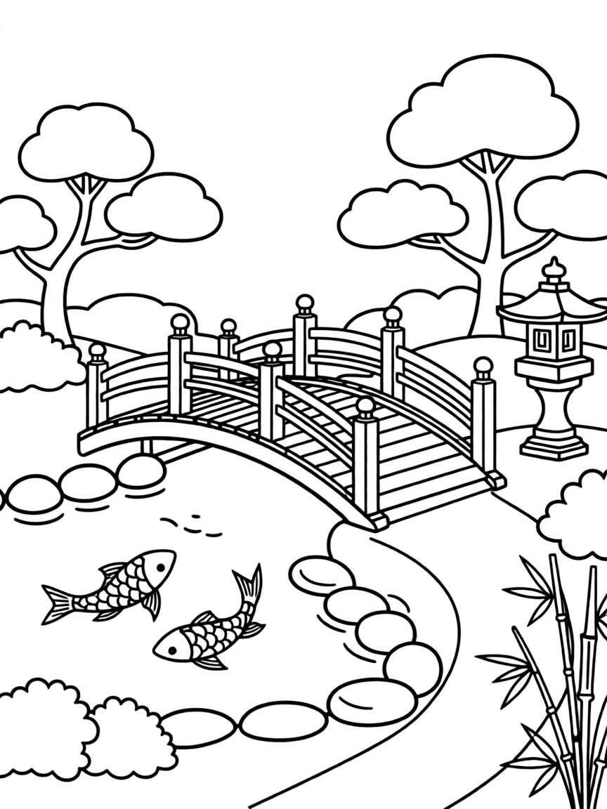 A simple outline of a Japanese garden with a bridge for coloring.
