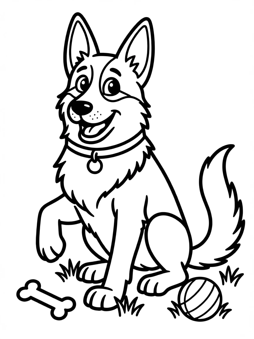 A cartoon-style drawing of a friendly German shepherd dog for coloring.