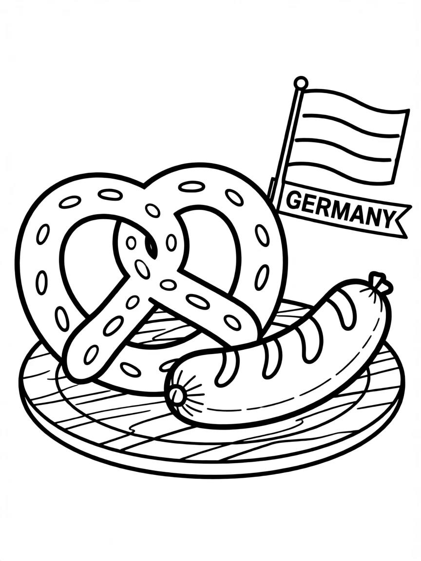 A cute drawing of a pretzel and sausage in Germany for coloring.